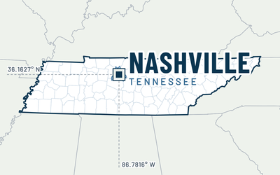Map of Tennessee marking Nashville, Davidson County