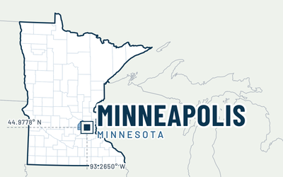 Map of Minnesota marking Minneapolis, Hennepin County