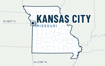 Map of Missouri marking Kansas City, Jackson County