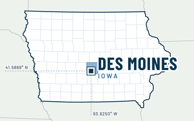 Map of Iowa marking Des Moines, Polk County