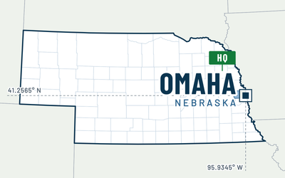 Map of Nebraska marking the NCSS headquarters in Omaha